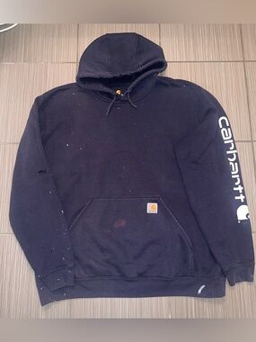 Carhartt Distressed Hoodie thrashed Navy Graphic Sleeve Faded Worn Sweatshirt XL
